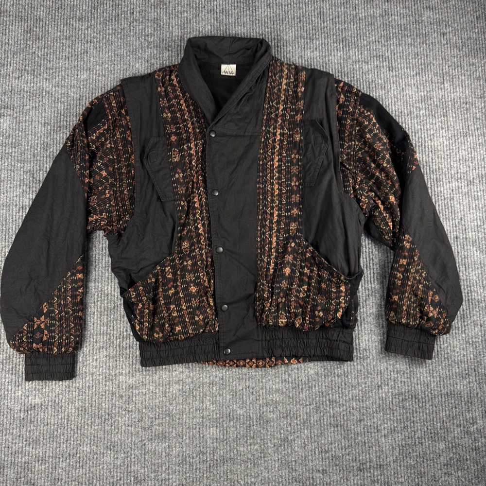 Vtg 90s Bomber Jacket Womens L Black Hand Painted Cotton Boho Tribal Artisan